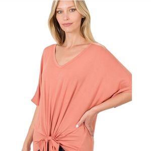 Zenana Outfitters Ash Rose Tie-Front Tee